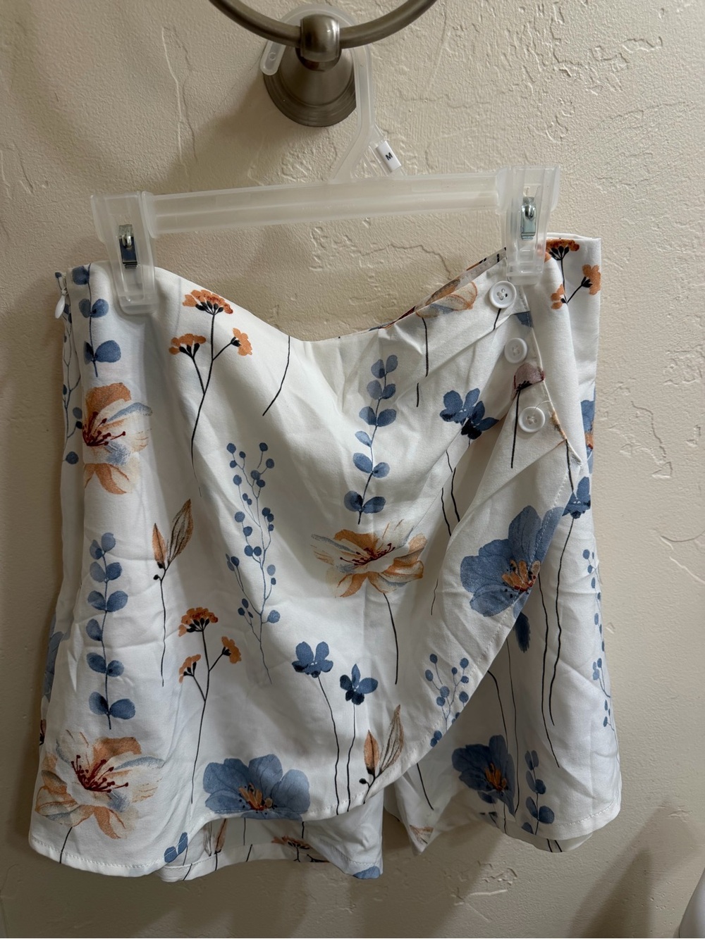 Floral Wrap Mini Skort in White with Blue & Tan Florals
